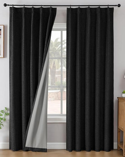 Joydeco Pinch Pleated Curtains - 100% Blackout for Bedroom, Black Linen Curtains 40" W x 84" L, Thermal Insulated 2 Panels Light Blocking Drapes, Back Tabs for Living Room