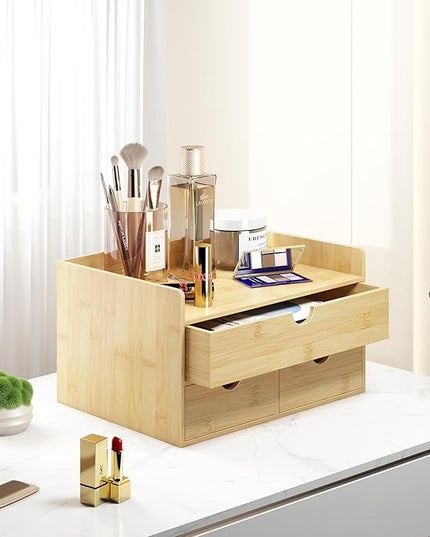 Wisuce Bamboo Desk Organizer - Mini Bamboo Desk Drawer Tabletop Cosmetic Storage Organization for Office or Home (Nature 3 Drawers)