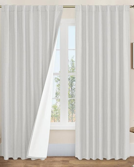 LAMIT 100% Blackout Linen Curtains 84 Inches Long, Linen Textured Living Room Farmhouse Curtains Full Room Darkening Back Tab and Rod Pocket Panels with White Liner, 2 Panels, Light Grey, 60 x 84 Inch