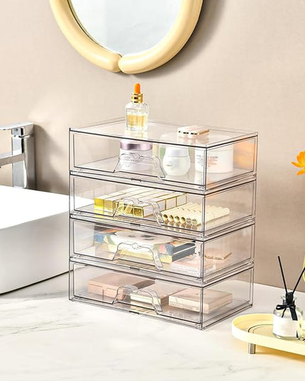 2 Pack Stackable Makeup Organizer, 12.1''L Acrylic Bathroom Organizer and Storage Undersink Drawer, Cosmetics and Beauty Supplies,Clear Plastic Storage Bins for Desk,Cabinet,Kitchen,Vanity,Pantry