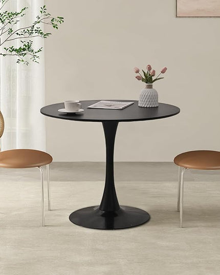 Round Table,31.5" Modern Black veneered Dining Table for 2-4 People with MDF Top&Metal Pedestal Base,Coffee Table Thickened Tabletop for Dining Room/Kitchen/Living Room,Black