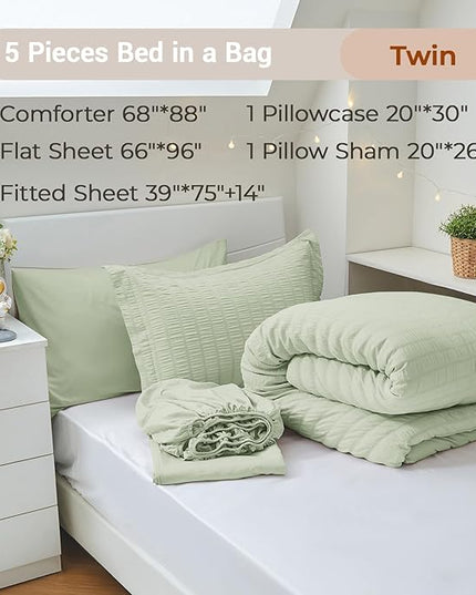 MUXHOMO 5 Pieces Twin Comforter Set, Seersucker Bed in a Bag Twin Size, All Season Luxury Bedding Set with Comforter, Flat Sheet, Fitted Sheet, Pillowcase & Sham, Light Green