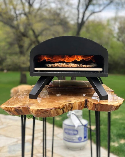 Bertello SimulFIRE Outdoor Pizza Oven Bundle - Wood Fire Portable 12 inch Brick Oven with Gas Burner, Peel, Wood Tray, Cover, & Thermometer - Portable Pizza Maker - As Seen on SHARK TANK