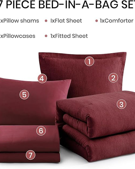 Monbix Full Size Comforter Sets Red, Cationic Dyeing Reversible Bedding Set 7 Pieces, All Season Bed in a Bag with Sheets, Pillowcases & Shams