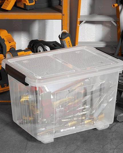 Obstnny 50 L Clear Plastic Storage Bins with Wheels, Large Lidded Organizer Boxes, 4 Pack