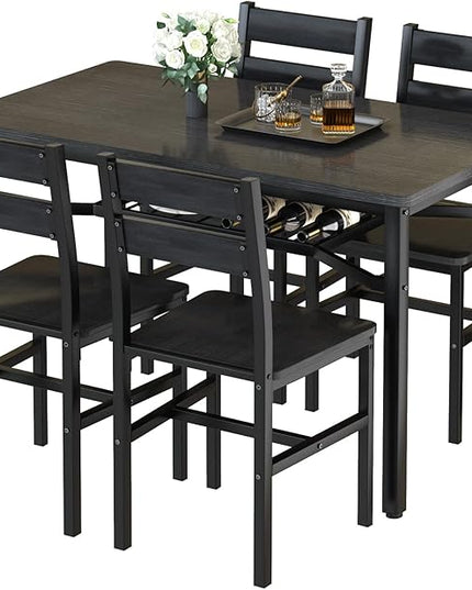 Hooseng Dining Table Set for 4, Wood Kitchen Table Chairs Set with Storage, Farmhouse 5 Piece Dining Room Table Set, Space-Saving Dinette Set for Breakfast Nook, Apartment (Black)