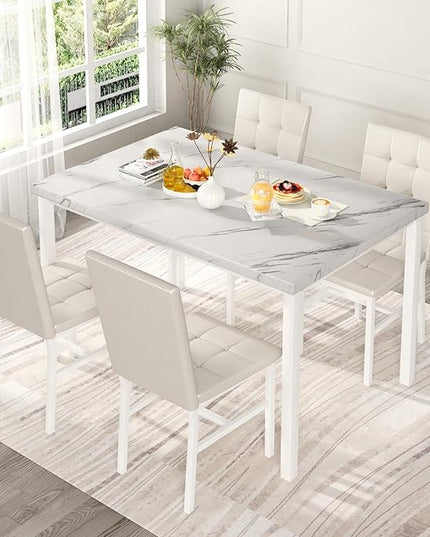 Hooseng Dining Room Table Set 5 Piece Dining Table Set Marble Dining Table 4 Chair Dining Table Set for Kitchen Living Room Breakfast Small Spaces (White)