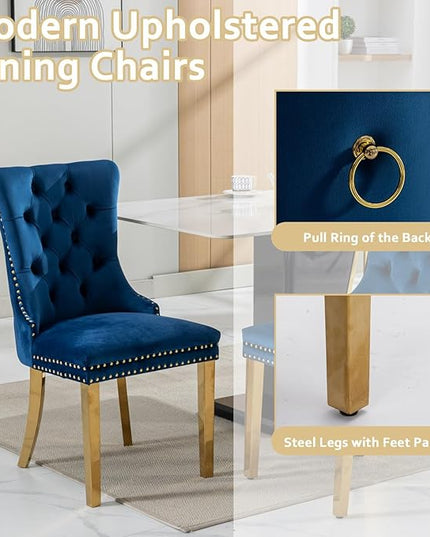5-Piece Glass Dining Table Set w/4 Blue Upholstered Dining Chairs, 70in Rectangular Large Kitchen Table Set for 4, Glass and Gold Dining Table and Chair Set for 4
