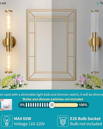Gold Wall Sconce, Bathroom Light Fixtures in Clear Glass Indoor Wall Sconces, Modern Sconce Wall Lighting Up and Down Vanity Lights Fixtures for Bathroom,Living Room - Bulb Not Included