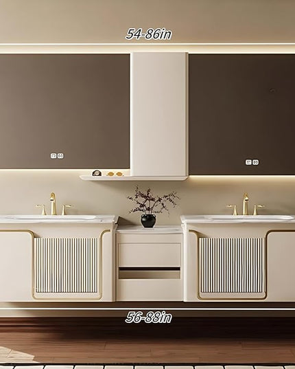 64IN Double Bathroom Vanities with Sink, Double Sink Bathroom Vanity with LED Smart Defogging Mirror and Standing Cabinet Storage | Modern Bathroom Sink, Wall Mounted Installation (Cream White)