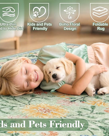 Wonnitar Washable Floral Round Rug, 6ft Sage Green Round Area Rugs for Bedroom Nursery, Boho Non-Slip Indoor Large Circle Carpets for Dining Room Living Room Kids Playroom