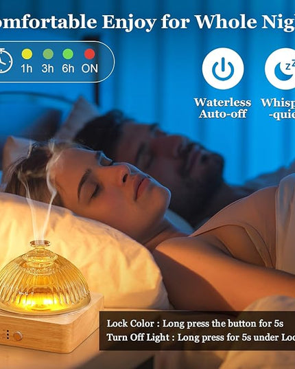 Glass Essential Oil Diffuser with Glass Reservoir & WoodBase, 200ml Ultrasonic Lock Color Timer Auto-Off 7 Color Light Aroma Glass Dome Diffuser for Home Office Bedroom Yoga