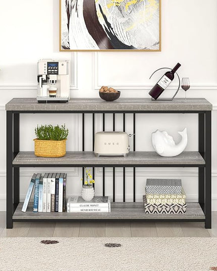 FOLUBAN Console Tables for Entryway, Sofa Table with 3 Tier Storage for Living Room Hallway Foyer Behind Couch, Rustic Light Grey
