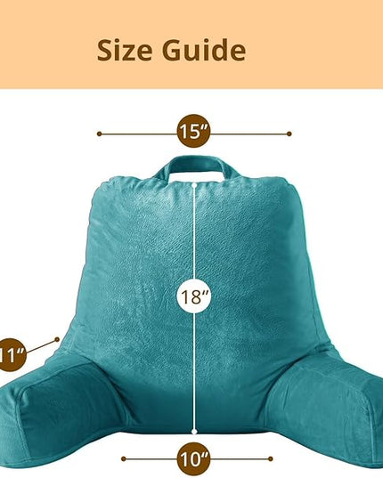 Sasttie Reading Pillow, Velvet Back Pillow for Bed Sitting Up, Adult Back-Rest Support Cushion with Arms for Sit Up on Couch, Sofa, and Floor, Dorm Essentials, Reading Accessories, Teal Blue