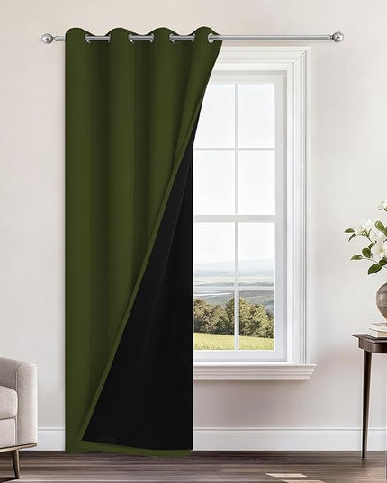 Yakamok 100% Blackout Curtains 84 Inches Long, 2 Thick Layers Heat and Full Light Blocking Soft Thermal Insulated Drapes for Bedroom(52" Wide Each Panel, Olive Green, 1 Panel)