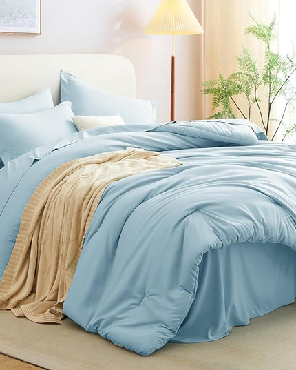 CozyLux Full Size Comforter Set Light Blue, 7 Pieces Bed in a Bag Full Comforter Set with Sheets, Bedding Set with Down Alternative Comforter, Fitted Sheet, Flat Sheet, Pillow Shams and Pillowcases