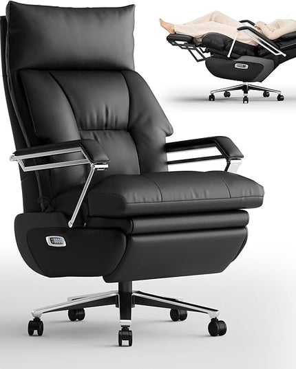 M80A Dual Motor Electric Executive Office Chair with Footrest, Comfortable Reclining Office Chair Wide Seat, Big and Tall Ergonomic Leather Home Office Desk Chair (Black,Multi-Functionality)