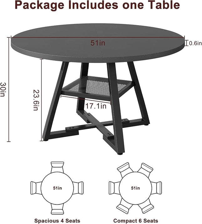 51'' Round Dining Table for 6,Kitchen Dining Room Circle Dinner Pedestal Table,Space Saving Wood Kitchen & Dining Room Furniture (Black, 51In)