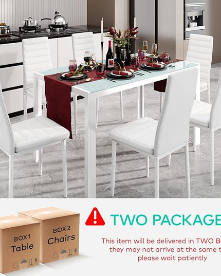 Gizoon Glass Dining Table Sets for 6, 7 Piece Kitchen Table and Chairs Set for 6 Person, PU Leather Modern Dining Room Sets for Home, Kitchen, Living Room