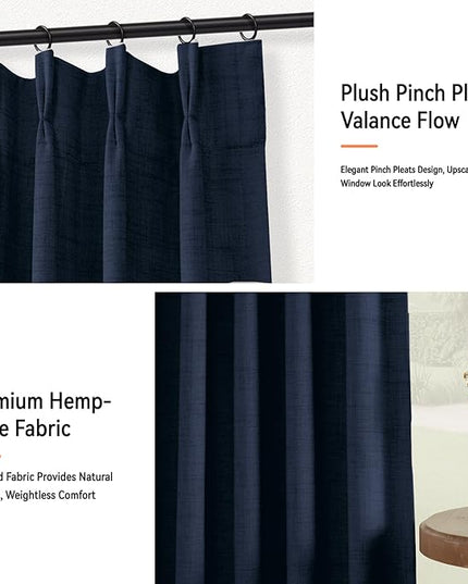 100% Blackout Shield Linen Look Textured Pinch Pleated Curtains Blackout Drapes 96 Inch Long 2 Panels Set, Faux Linen Blackout Curtains for Bedroom & Living Room, 40" W x 96" L, Midnight Blue