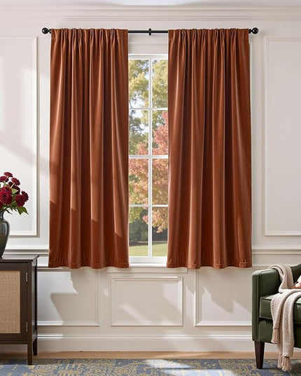 Lazzzy Velvet Blackout Curtains Thermal Insulated Room Window Drapes Super Soft Luxury Curtains for Living Room Bedroom Rod Pocket 2 Panels, Burnt Orange, 52" W x 63" L