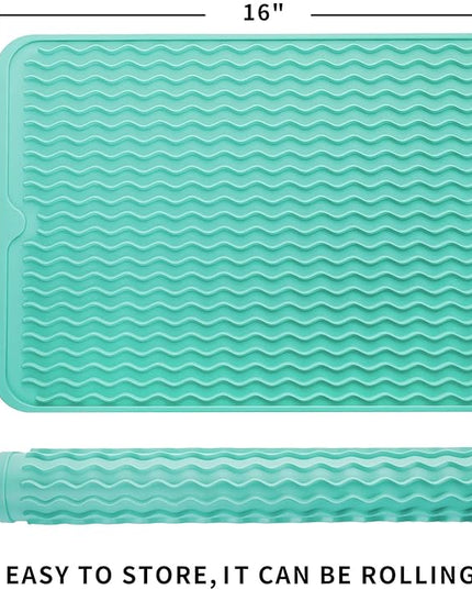 Silicone Dish Drying Mat for Multiple Usage,Easy clean,Eco-friendly,Heat-resistant Silicone Mat for Kitchen Counter or Sink,Refrigerator or drawer liner Mint L 16 inches x 12 inches