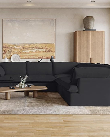 JACH V Shape Modern Sectional Couch, Convertible Sectional Sofas Couches, Minimalist Deep Seat Sofa, Down Fill Modular Sofas for Living Room, Office, Apartment (5-Seat, Black)