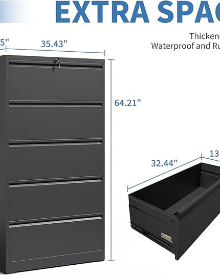 File Cabinets 5 Drawer,Metal Office Storage Filing Cabinet with Lock,Black Lateral Filing Cabinet for Home Office,Horizontal Locking File Cabinet for Legal/Letter/A4,Assembly Require,Black