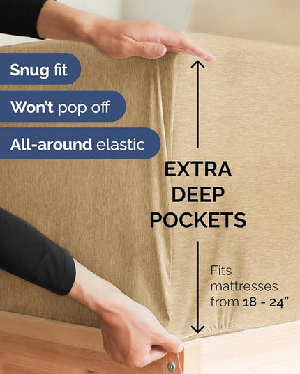 Extra Deep Split King Sheet Set - 7 Piece Breathable & Cooling Sheets - Hotel Luxury Bed Sheets Set - Easy Fit - Soft, Wrinkle Free & Comfy Sheets Set - Heathered Tan Sheet Set w/Extra Deep Pockets