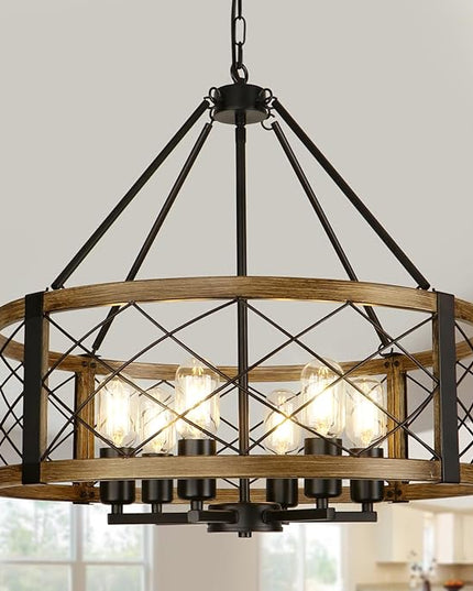 Modern Chandelier for Dining Room, 6-Light Wood Grain Finish Farmhouse Chandelier, 22.5” Rustic Drum Hanging Light Kitchen Island, Round Metal Hanging Light Fixture for Foyer, Entryway, Bedroom