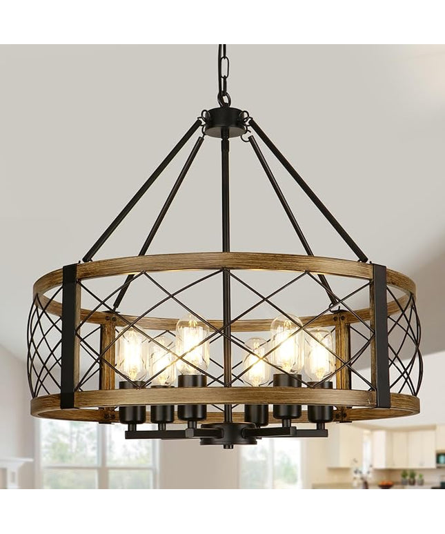 Modern Chandelier for Dining Room, 6-Light Wood Grain Finish Farmhouse Chandelier, 22.5” Rustic Drum Hanging Light Kitchen Island, Round Metal Hanging Light Fixture for Foyer, Entryway, Bedroom