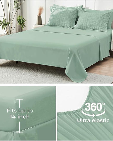HYMOKEGE Sage Green King Size Comforter Set Seersucker 7 Pieces, All Season Luxury Bed in a Bag for Bedroom, Bedding Set with Comforters, Sheets, Pillowcases & Shams