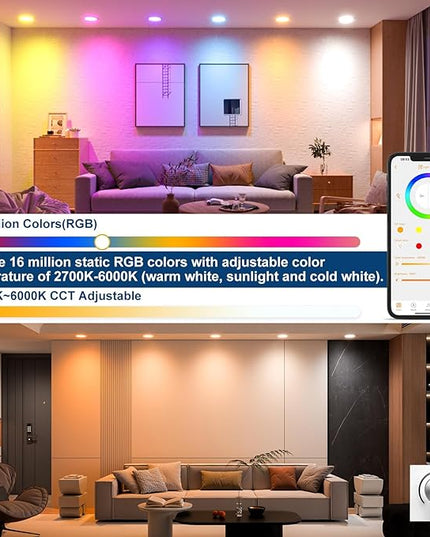Smart Recessed Lighting 4 Inch RGBCW Color Changing 12W LED Downlight with Junction Box,1000 Lumen Recessed Ceiling Light Compatible with Alexa,Dimmable by Bluetooth Control -12Pack