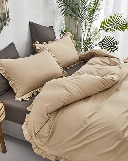 CLOTHKNOW Champagne Ruffles Queen Comforter Set 3Pcs Farmhouse Bedding Comforter Sets Soft Tan Comforter Khaki Comforter with 2 x Pillow Cases