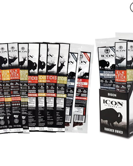 ICON Meats Meat Stick and Steak Strip Sampler Gift Box, 10 High Protein Snacks, Assorted Bison, Elk, Venison, Beef & Pork Jerky Sticks & Strips, Gluten Free, Low Sugar, Gifts & Stocking Stuffers