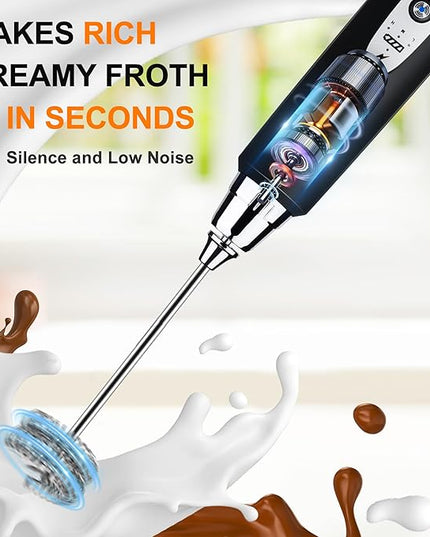 YUSWKO Black Handheld Milk Frother Wand for Coffee, Rechargeable Electric Whisk with 3 Heads 3 Speeds Drink Mixer Coffee Frother For Latte, Cappuccino, Hot Chocolate, Egg
