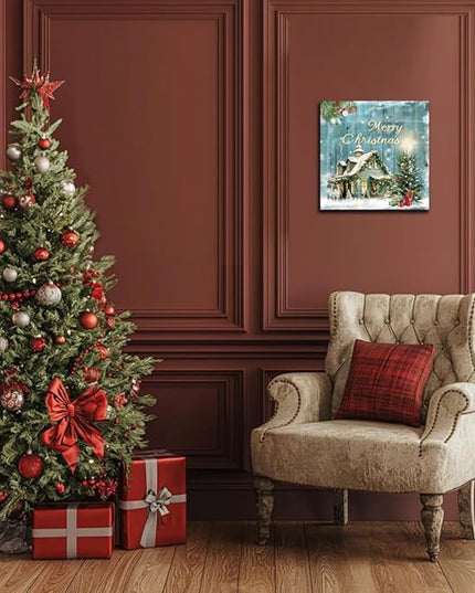 Christmas Tree Wall Art Decor Romantic Winter Snow Home Canvas Prints Poster Xmas Tree Painting Merry Christmas Sign for Home Garden Living Room Bedroom Bathroom Holiday Decoration Gifts 12x12inch