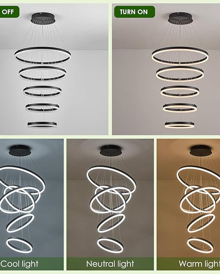 5-Rings Modern LED Chandelier Black High Ceiling Chandelier with Remote Control Dimmable Pendant Lighting for Dining Room Foyer Living Room Entryway Staircase(3000K-6500K, D23.6’’)