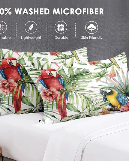 Full Size Comforter Set with 2 Pillowcases, Tropical Hibiscus Birds 3 Pcs Bedding for Kids and Adults, Flower Palm Leaf Soft Comforter Set for Bedroom Bed Decor