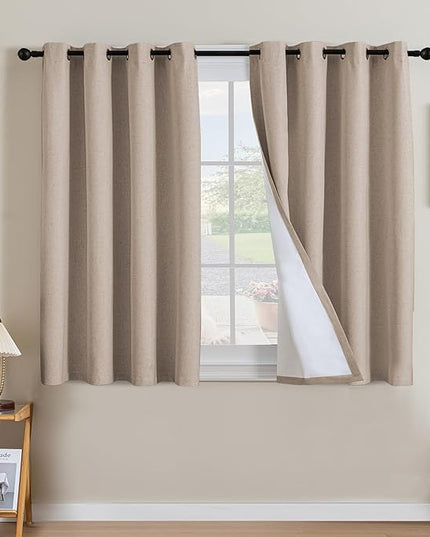 H.VERSAILTEX Linen Curtains 100% Blackout Curtains for Bedroom 45 inch Long Full Light Blocking Nature Linen Blended Window Curtains for Living Room Nickel Grommet (2 Panels, Heathered Sand)