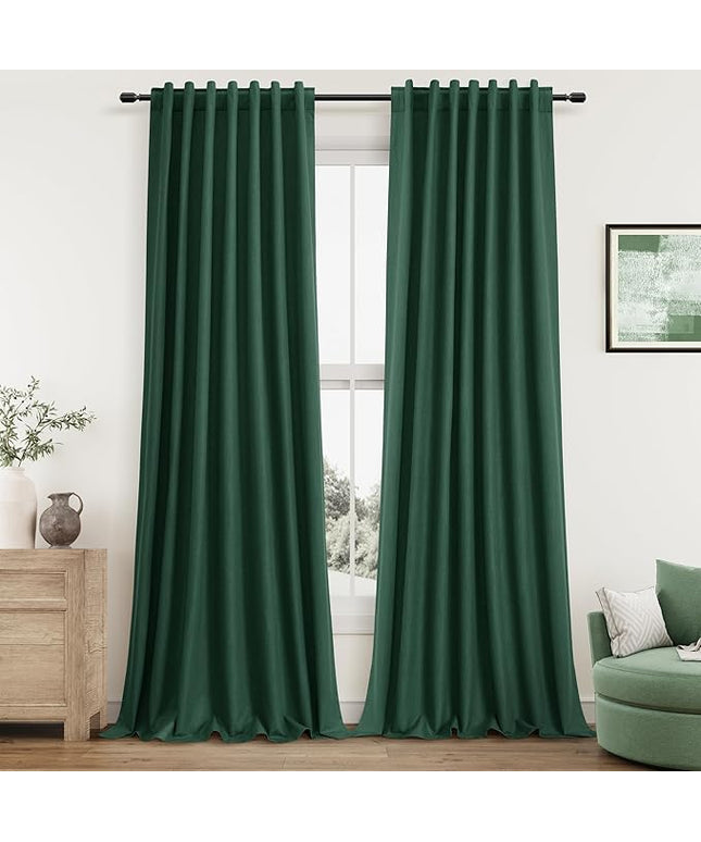 Guken Green Blackout Curtains 120 Inch Length 2 Panels Set for Living Room Bedroom Back Tab Thermal Insulated 100% Black Out Linen Drapes Boho Christmas Decor 52x120