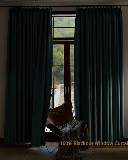 Textured Linen Double Pleats 100% Blackout Curtains for Bedroom/Living Room Blackout Curtains 108 Inches Long, Energy Saving Window Treatment Curtains,26Wx108Lx2,Green