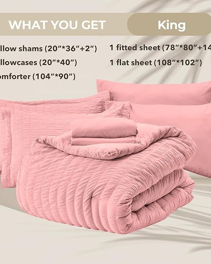 HYMOKEGE Rose Pink King Size Comforter Set Seersucker 7 Pieces, All Season Luxury Bed in a Bag for Bedroom, Bedding Set with Comforter, Sheets, Pillowcases & Shams