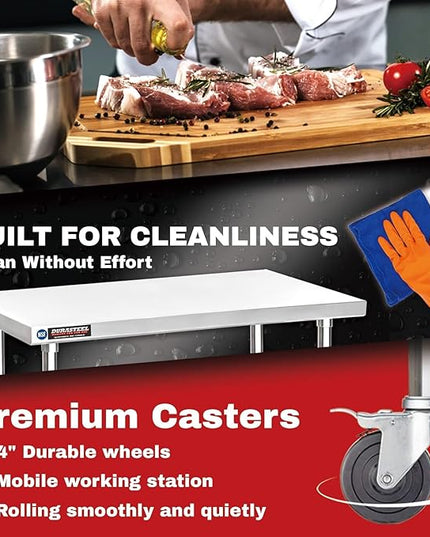 DuraSteel 24x12 NSF Stainless Steel Cart Work Table - Heavy Duty Rolling Food Prep Table - Metal Utility Cart on Wheels Caster, Grill Stand Microwave Outdoor Kitchen Tables Countertop Island Top Vevor