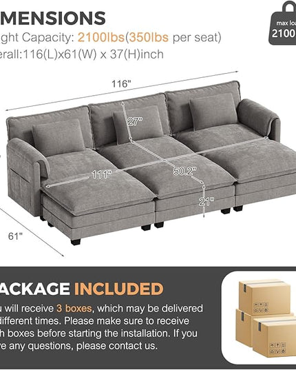 ELUCHANG 116" Luxury Modular Sectional Sofa, Comfy Deep Seat Cloud Couch, Sleeper Sofa Bed, 6 Seat Modern Couch with Removable Cover for Living Room, Apartment, DIY Combination, Chenille Light Grey