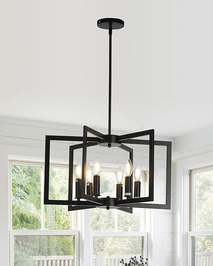 6-Light Black Chandelier, Modern Geometric Dining Room Light Fixture, 21 Inch Industrial Metal Chandelier for Farmhouse Living Room Entryway Kitchen