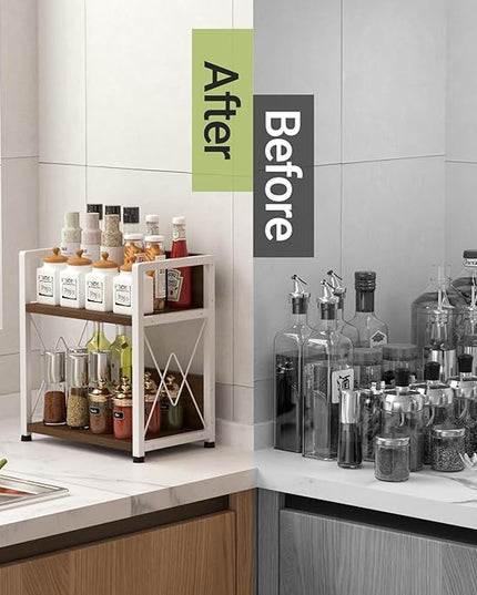 Aduanbang Coffee Bar Accessories Organizer, 2 Tier Wooden Kitchen Counter Shelf, Coffee Organizer Station for Countertop, Condiment Rack for Mugs, Cups, Cream, Syrup