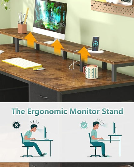60 Inch Computer Desk with 8 Fabric Drawers, Gaming Desk with LED Lights & Power Outlets, Home Office Desk with Monitor Stand, Rustic Brown