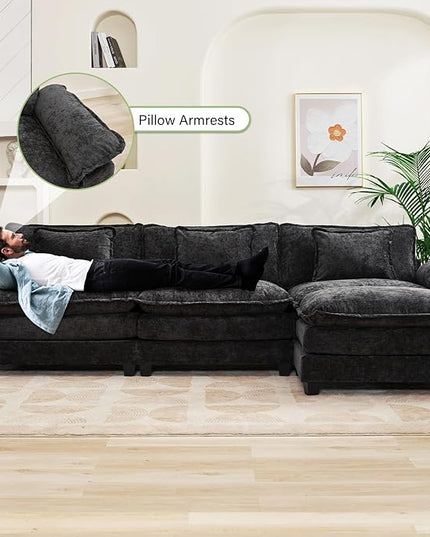 120" Modular Sectional Sofa, Comfy Cloud Couch Sectional Sofa with Ottoman, Chenille Sofa Sleeper Deep Seat Sofa with Throw Pillows for Living Room (Black, 120"- L Shape)