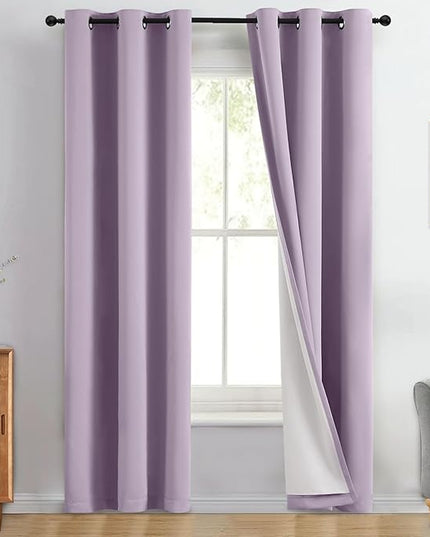 Yakamok 100% Blackout Curtain Panels 96 inches Cold and Light Blocking Drapes for Nursery, 2 Thick Layers Thermal Insulated Draperies (2 Pieces, 50 Wide Each Panel, Lilac Front with White Backing)